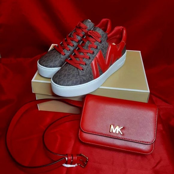 MICHAEL KORS Poppy Logo and Faux Patent Leather Sneaker Size 8.5 / Leather Belt - Picture 1 of 3